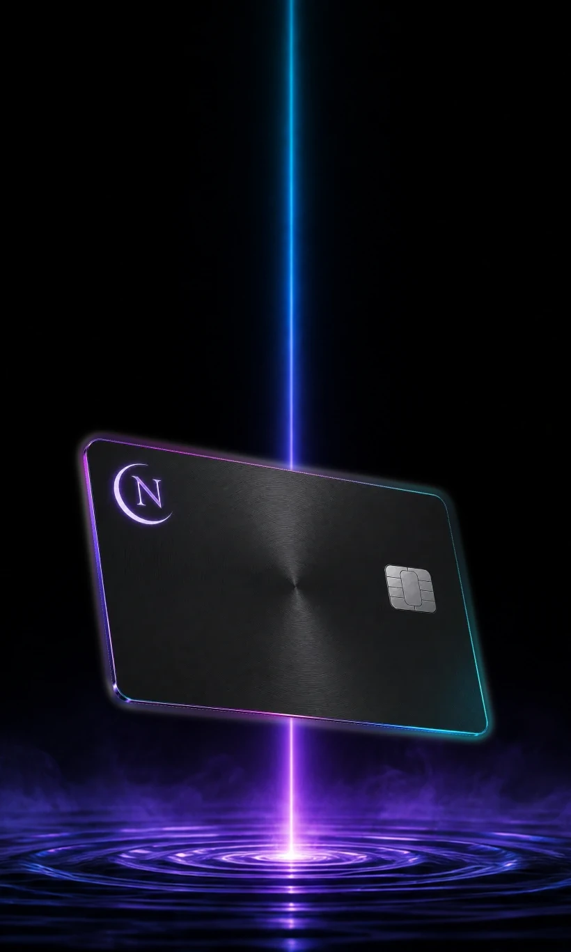 The Nocturne obsidian card suspended in a beam of aurora light above rippling black liquid — a card being minted