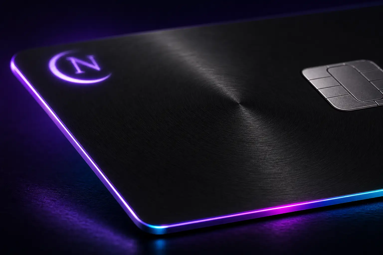 Macro close-up of the Nocturne card corner — spun obsidian with a violet-to-cyan aurora rim.