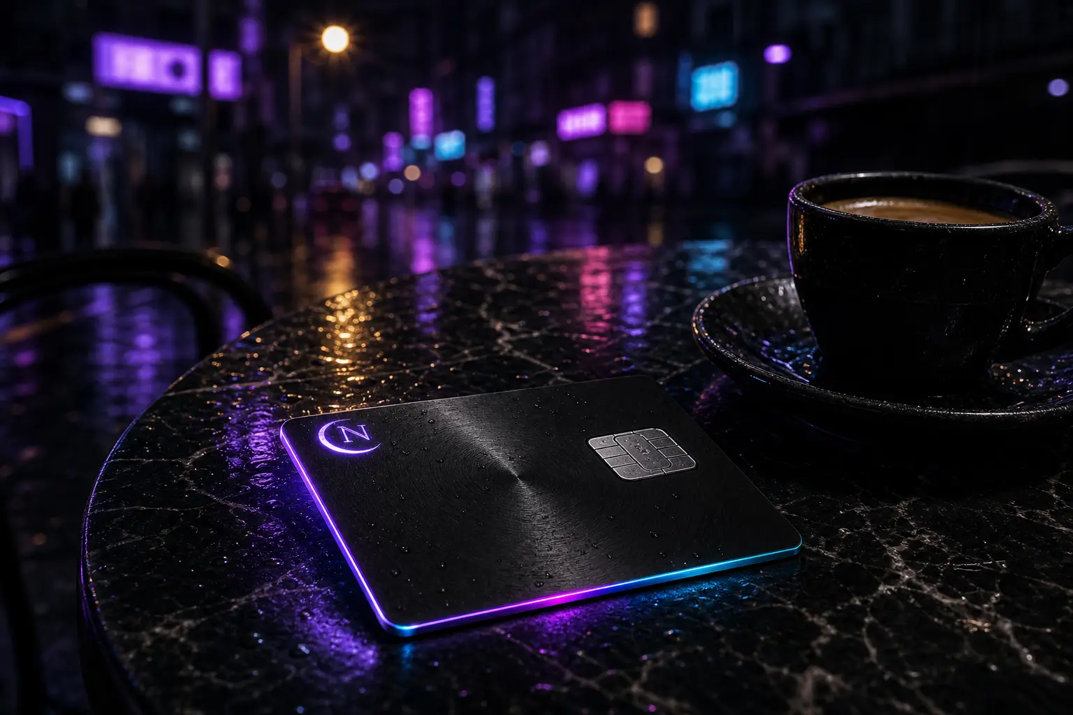 The Nocturne card resting on a dark marble cafe table at night, neon reflecting in wet stone.
