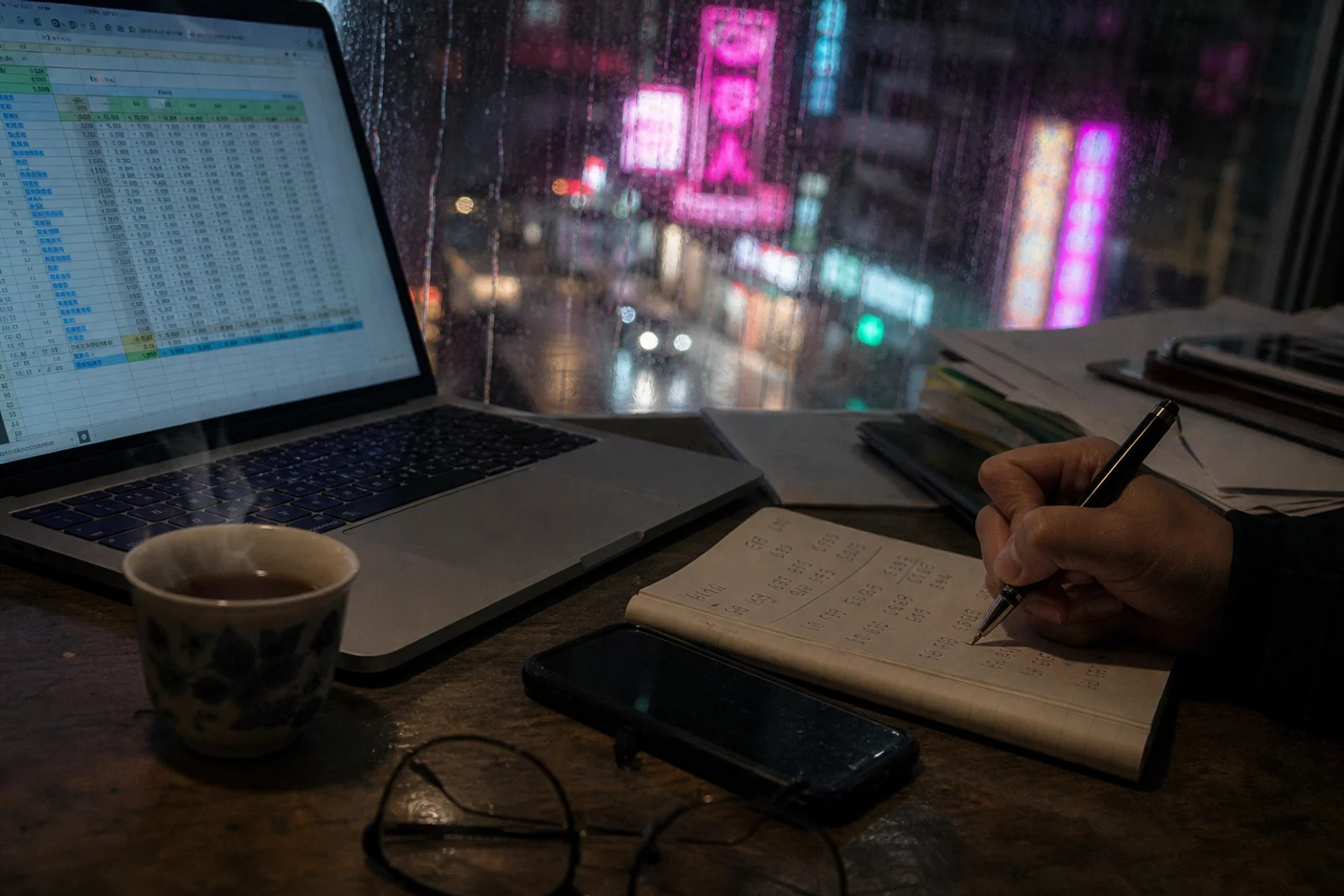 A work table by a rain-streaked window at night — laptop, tea, handwritten ledger notes, Hong Kong neon out of focus beyond the glass.