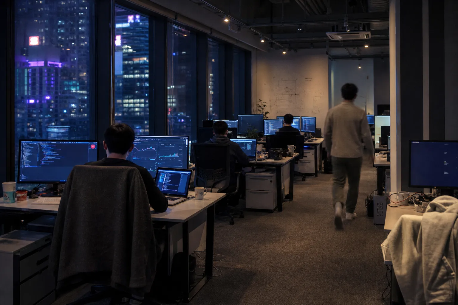 A long Hong Kong office at night — rows of desks under low light, a few people working seen from behind, the skyline through the glass.