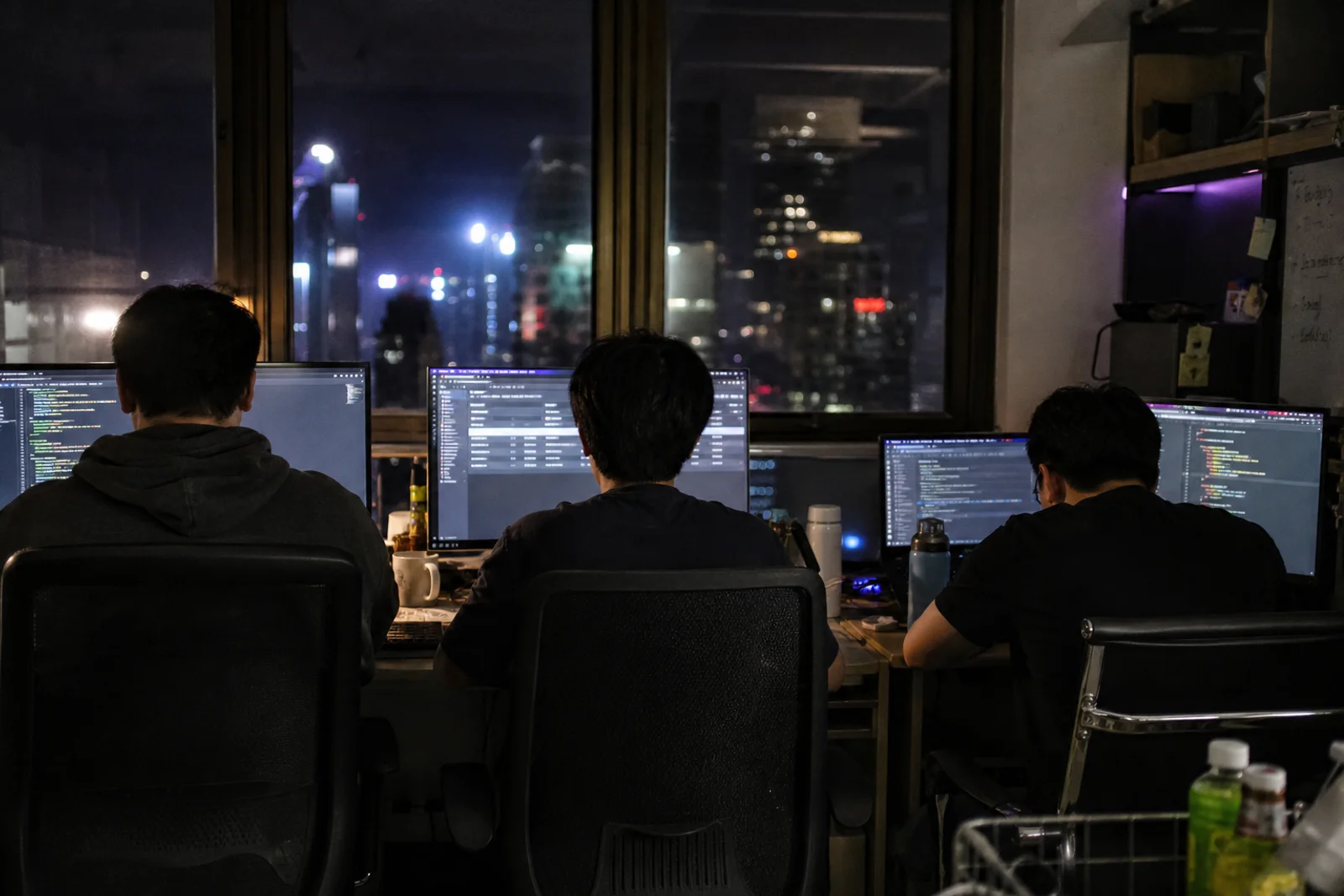 Three people working at desks in a dim Hong Kong office at night, photographed from behind — monitors glowing, the skyline outside.