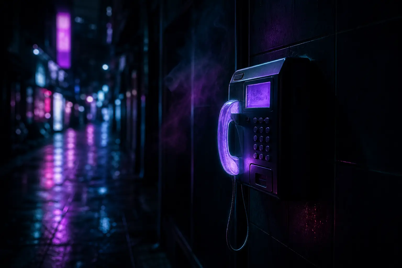 A payphone glowing violet in a dark alley — the line is always open.