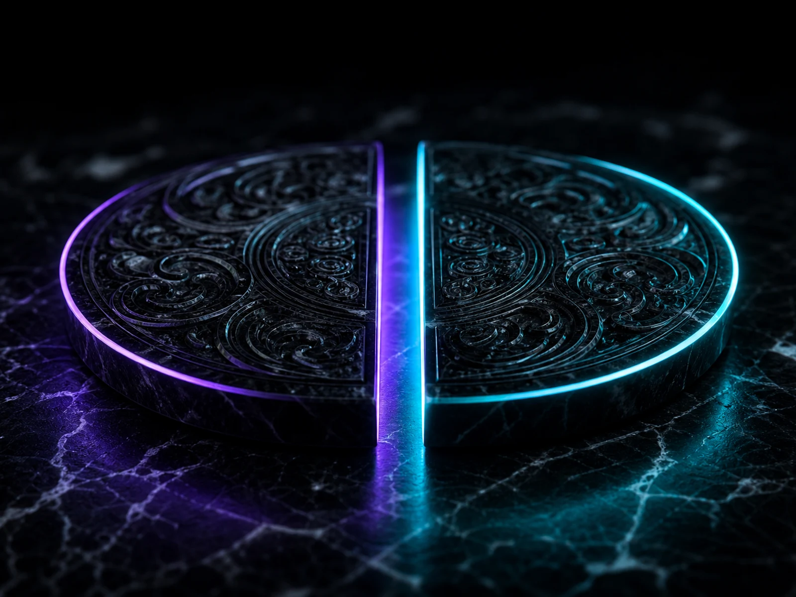 An obsidian medallion split into two glowing halves — one violet, one cyan — the commission and the discount.