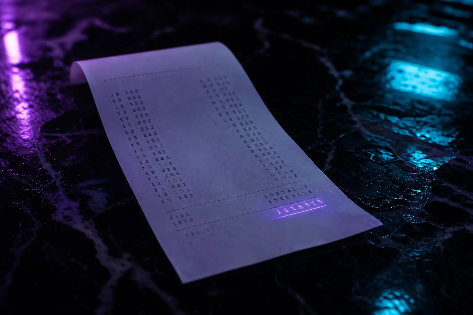 A mostly blank receipt on dark marble, lit by violet neon — the entire fee schedule fits on it.