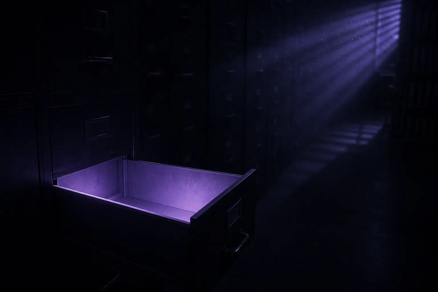 A dark archive room of black filing cabinets; the single open drawer is empty, glowing violet.