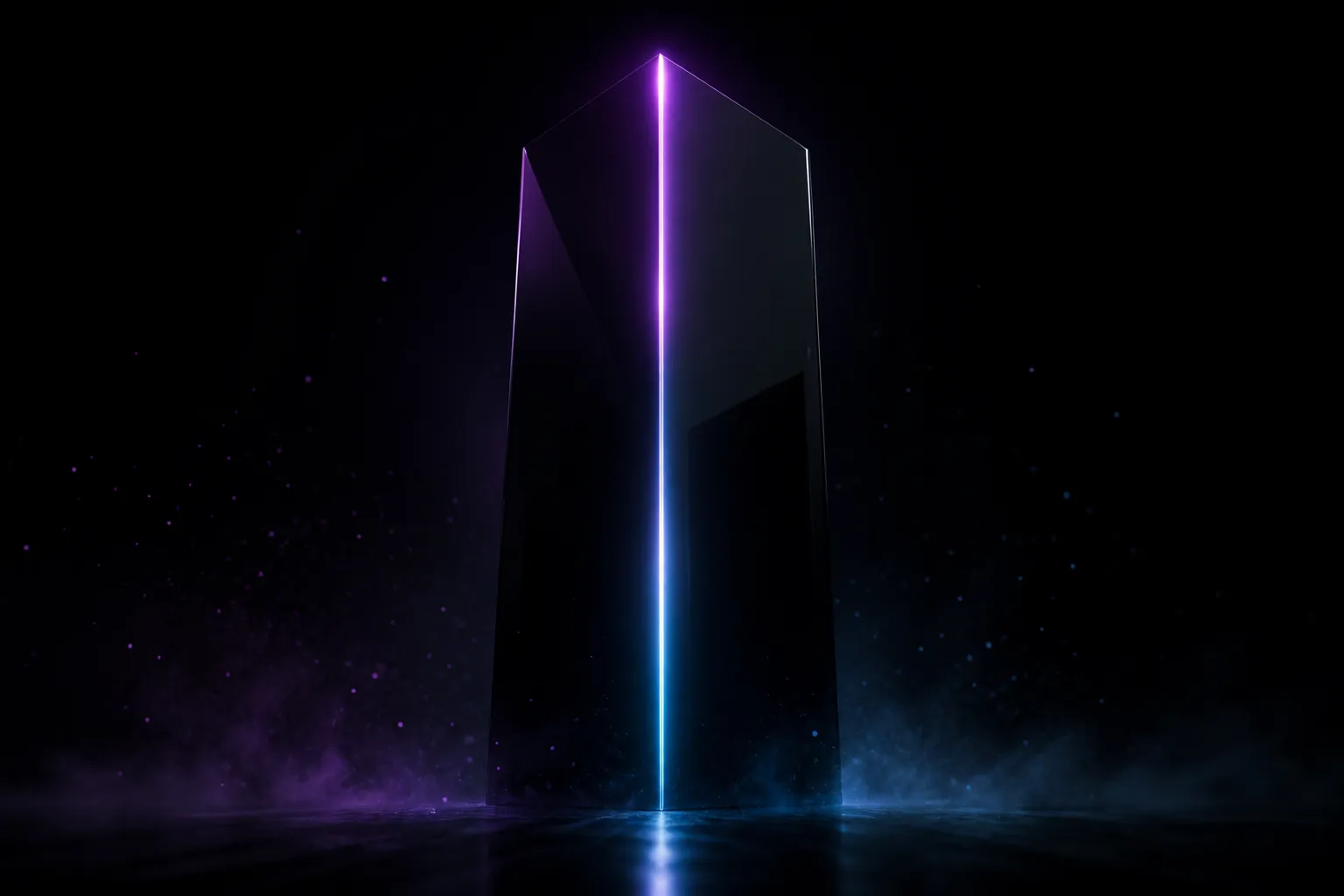 A sealed obsidian monolith glowing along a single seam — the dead-drop architecture.
